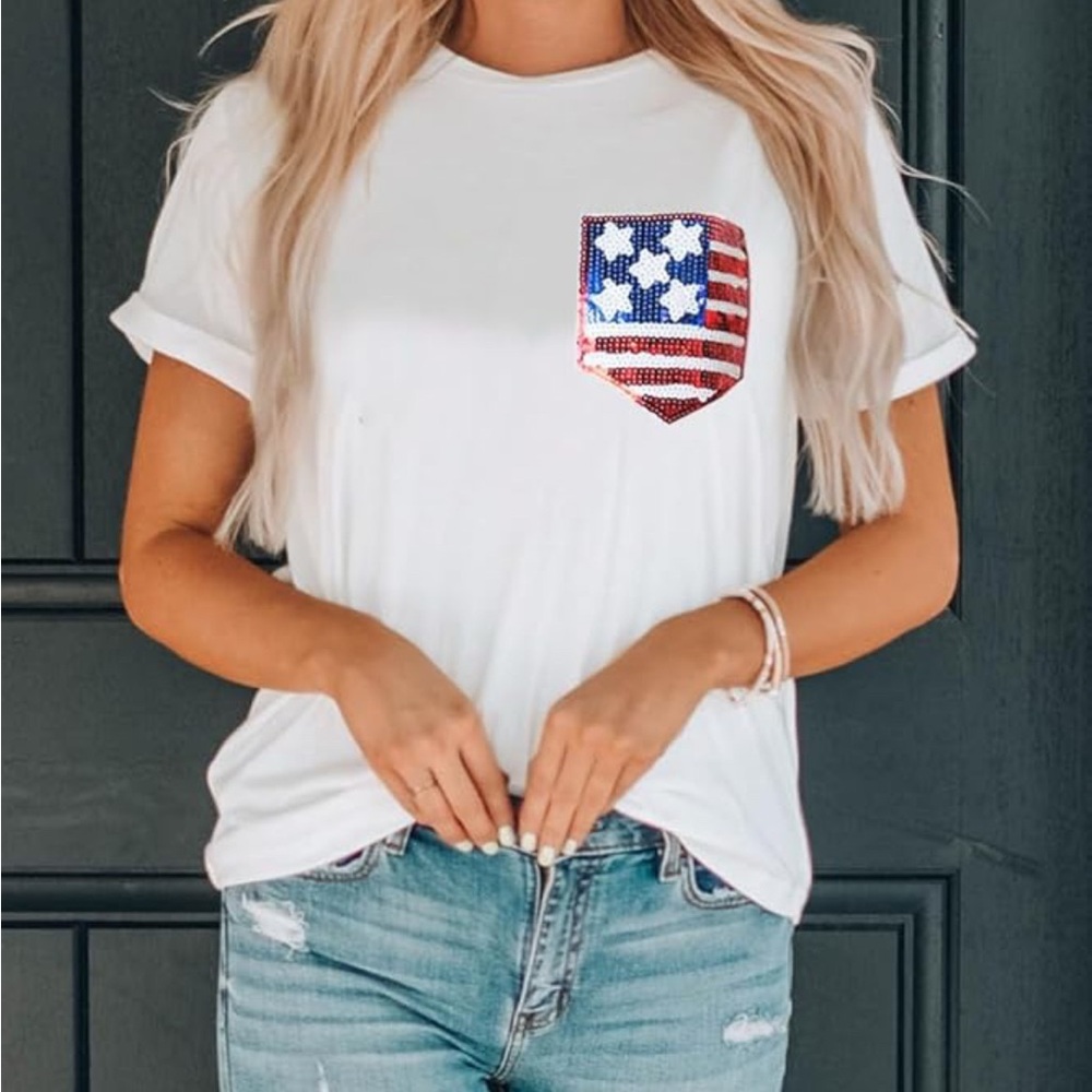 White American Flag Sequin Pocket T-Shirt